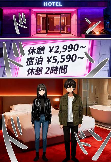 【【実話】相席居酒屋で知り合った人見知り保育士ちゃん（21）とコスプレSEXした話www】実話本舗@ホテルの看板と室内に立つ黒タートル姿の男女