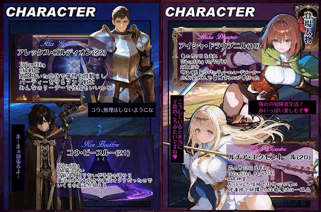 【幼馴染冒険者パーティーのお荷物魔法使いオレ 失われた高等魔法スリープを覚えて皆にようやく恩返し!と思ったけど性欲を抑えきれずパーティーメンバーの眠姦孕ませレ◯プに使ってしまう】EchicalH@アレックス、コウ、アイシャ、ルチアの4人が並ぶキャラクター紹介