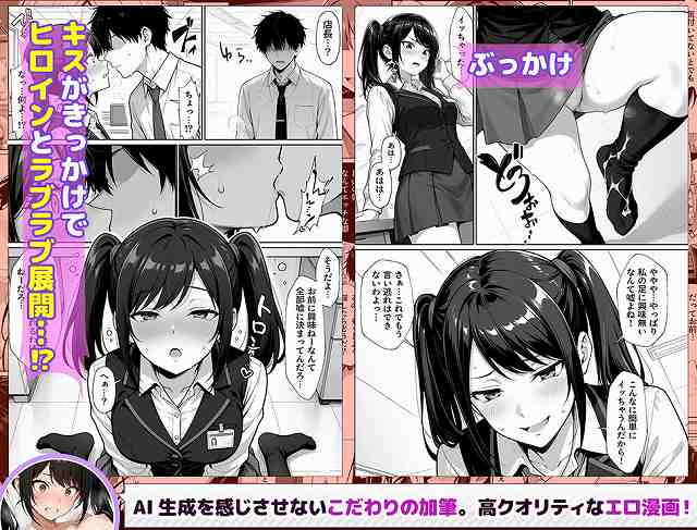 【パチンコ店長の俺。女子スタッフのシコい足で毎日脳汁出してたらイチャラブSEXする事になった！〜ただし時々殴られる〜】ラブリークラフト@黒髪ツインテール女性とのキスとぶっかけ