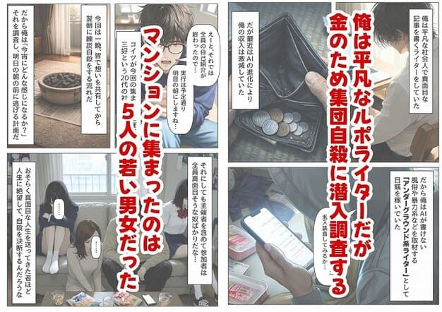 【実録！  集団自●に俺は潜入取材する】【ハマダ商店】@財布の中を見る男性と、床に集まる若い男女5人