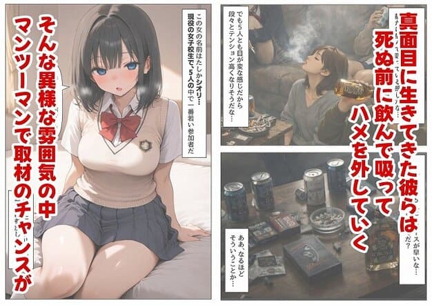 【実録！  集団自●に俺は潜入取材する】【ハマダ商店】@ベッドに座る制服姿の黒髪の女子生徒と、酒やビール缶が並ぶ机