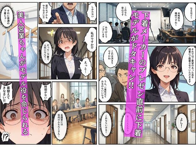 眼鏡の女性がスーツ姿で目を見開き、左に下着、右に会議室の人物が並ぶ