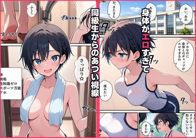 【ボーイッシュ無知っ子の快楽堕ち】むちろー@タオルをかけた短髪の少女と、体操服で走る短髪の少女
