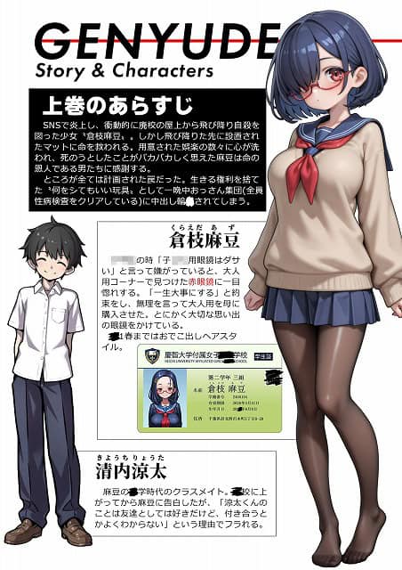 【げんゆで 下】愛・筋肉博@赤眼鏡の女子生徒の全身立ち絵と男子生徒の立ち絵、上巻のあらすじと人物紹介パネル