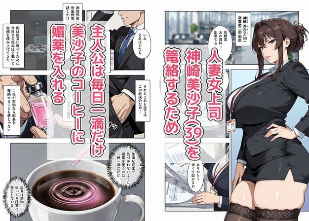 【人妻女上司（39）に毎日一滴だけ媚薬を盛ってみた】ベビーリーフ工房@スーツ姿の人妻女上司と媚薬の瓶、コーヒーに落ちる一滴