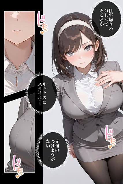 スーツ姿のOLが胸元のボタンを留め、片手を肩に添えて立っている