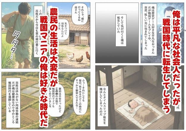 【《戦の乱取り（略奪）》 戦国時代の農村に俺が転生したら、エロすぎた史実の話】【ハマダ商店】@農村の風景と赤ん坊の寝姿を交え、主人公が戦国時代に転生したことを語る