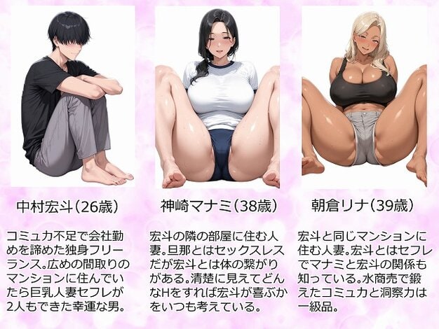 【昭和マ●コの搾精天国!ブルマ&JKコスの人妻に中出し放題】人妻が薫る部屋@中村宏斗、神崎マナミ、朝倉リナの人物紹介