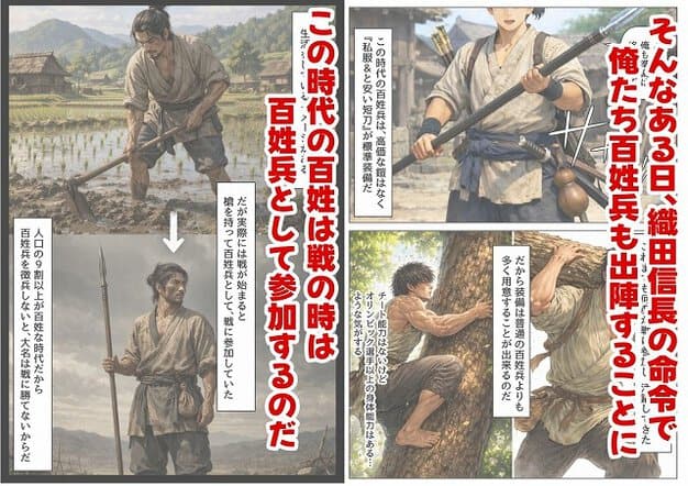 【《戦の乱取り（略奪）》 戦国時代の農村に俺が転生したら、エロすぎた史実の話】【ハマダ商店】@田を耕す男や槍を持つ男が描かれ、百姓兵として戦に参加すると語られる