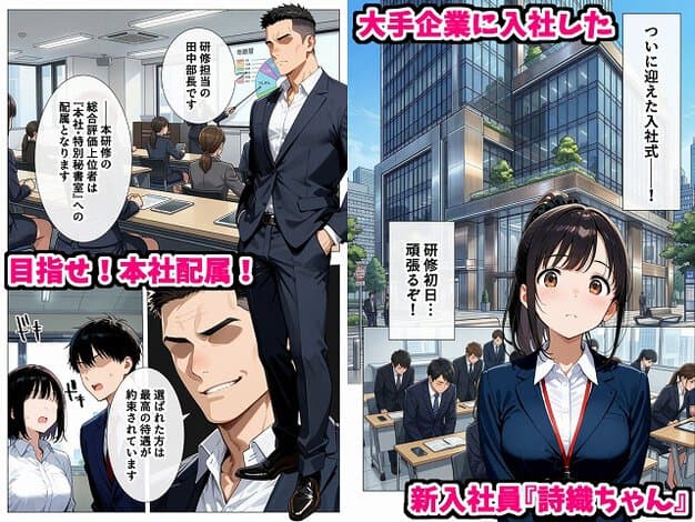 【セックスはビジネスマナー！？新入社員を生ハメ中出し研修〜オフィスではセックスが新しい挨拶と評価基準になりました〜】デリカリカ@黒髪の詩織がスーツ姿で立ち、研修初日と書かれた会場で不安そうな顔を見せる