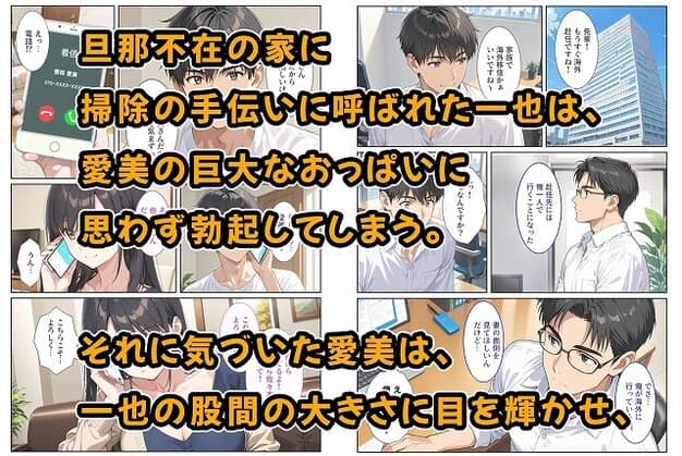 【海外赴任する上司に『妻を頼む』と言われたので欲求不満の爆乳妻を種付けて孕ませました!】StudioSR(妹・人妻・巨乳推し)@電話する黒髪の人妻と男性、家に呼ばれる場面
