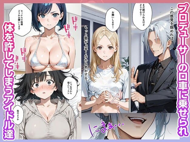 【アイドルの卵 -アイドルの卵達がオーディション中に敏腕プロデューサーからセックスで指導を受ける話-】うさぎアトリエ@水着姿のアイ、白い服のモエ、白い服のマリナと注射器を持つ銀髪の男