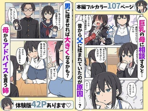 【貧乳コンプレックスなジト目姉の育乳を手伝ったが大きくならないので中出しセックスすることになった話】あくめくん@ドリンクを飲みながら巨乳の母に相談する女性