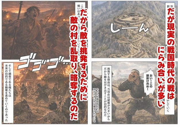 【《戦の乱取り（略奪）》 戦国時代の農村に俺が転生したら、エロすぎた史実の話】【ハマダ商店】@燃える村と山城の絵を交え、敵の村を襲う任務が語られる