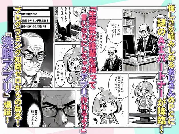 【23コ下のくせに説教してくる巨乳OLを洗脳アプリで肉便器にする話】えたあなる@スマホを持つ眼鏡の男が笑い、隣にスマホを持つAIちゃんが立つ