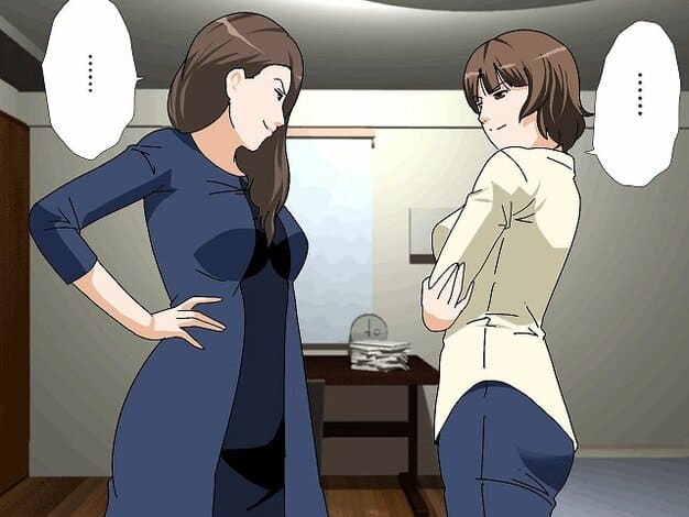 【「催●温泉旅行」「杜戸＆苫田・レズ物語」  スピンオフ2本セット】サークルENZIN@部屋で向かい合い、黙って立つ二人の女性