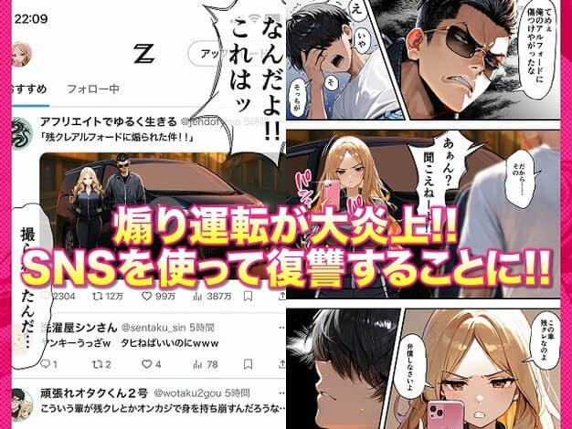 【残クレアルフォード元ヤン人妻（32歳3人子持ちママ）NTR】ZOCKZOCK出版@SNS投稿画面、金髪の女、弁償しなさいよの吹き出し、煽り運転が大炎上