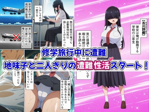 【目隠れさんと無人島性活】桃色甘味料@制服の古川詩織、修学旅行中に遭難 地味子と二人きりの遭難性活スタート！