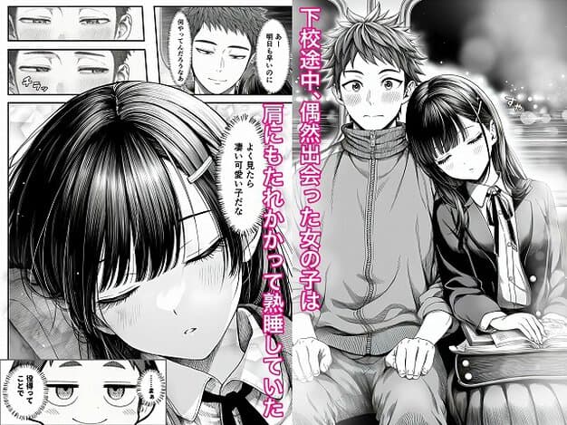 制服姿の黒髪女性が電車の席で目を閉じ、男性の肩にもたれて眠る