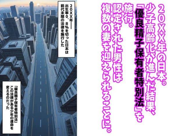 高層ビルの並ぶ無人の道路と、優良精子保有者特別法の説明がある