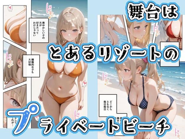 オレンジ水着の金髪美女が浜辺で立ち、紺色の水玉ビキニの美女が膝を曲げて腰を落とす