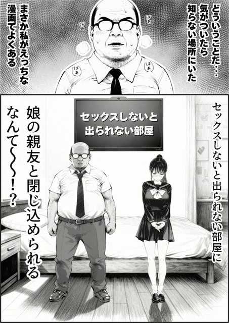 年配の男と制服姿の舞がベッド前に立ち、画面のある部屋で向き合う
