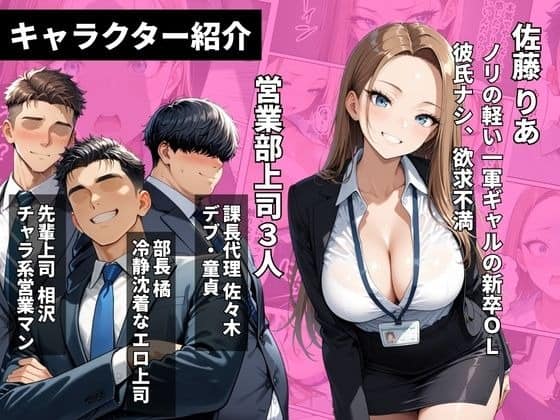 白シャツの佐藤りあが名札をつけて笑い、左に営業部上司3人が並ぶ