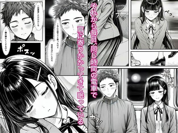 制服姿の黒髪女性が電車で男性の隣に座り、目を閉じて肩に頭を寄せる