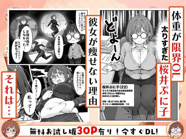 ぷに子が机に座って体をはみ出させ、体重が限界と紹介される