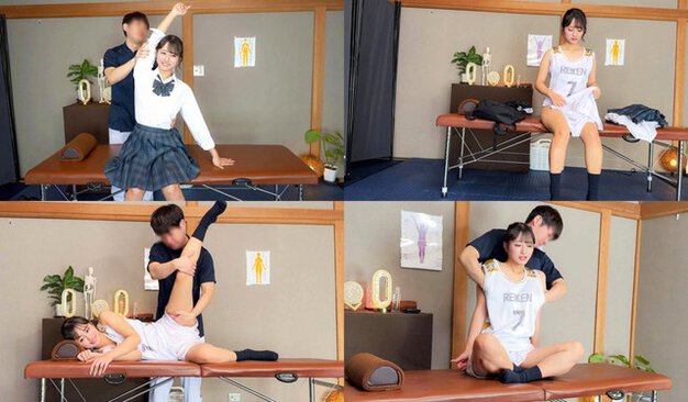 制服姿と白いユニフォーム姿の女性が施術台で腕を上げる、座る、脚を持ち上げられる姿をまとめた4分割
