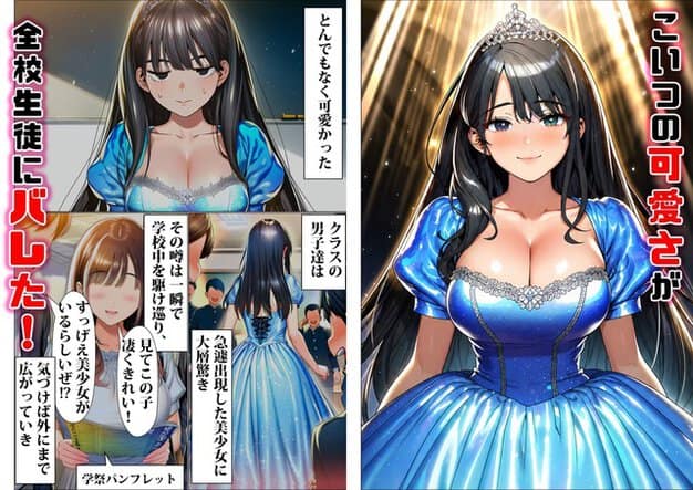 結衣がティアラと青いドレス姿で正面を向き、頬を赤くして微笑む