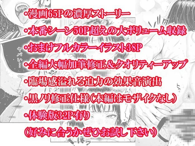 赤文字で漫画65P、本番シーン50P超え、おまけフルカラーイラスト38Pなどを並べる