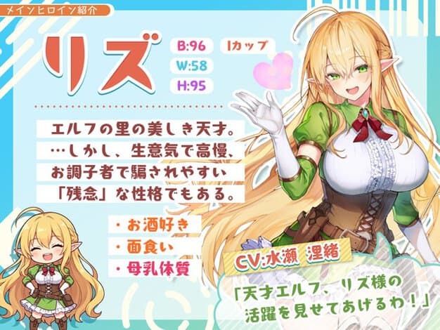 リズが緑の衣装で手を振り、プロフィール文と小さな立ち絵が並ぶ