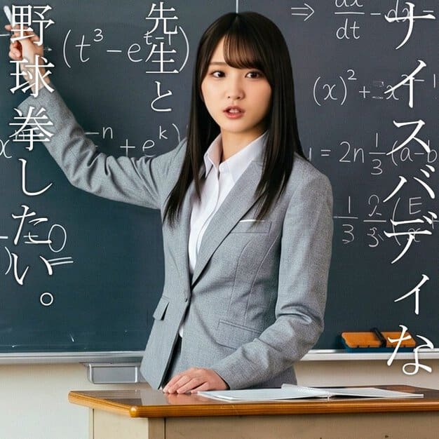 グレーのスーツ姿のしおりが黒板の前に立ち、数式と「先生と野球拳したい」の文字が入る