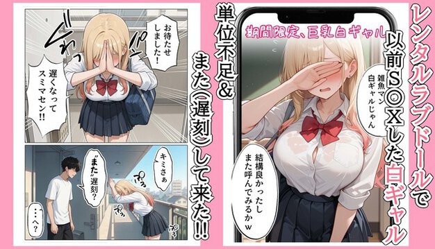 制服姿の金髪ギャルが手で目元を隠し、赤面しながらレンタルラブドールの説明文の横に立つ