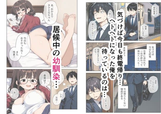 ベッドでくつろぐ女性と、終電の車内から帰宅するスーツ姿の男性が並ぶ導入画像