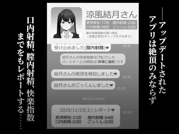 無表情の結月の顔写真と通知履歴が並び、画面中央に大きなレポート欄が表示される