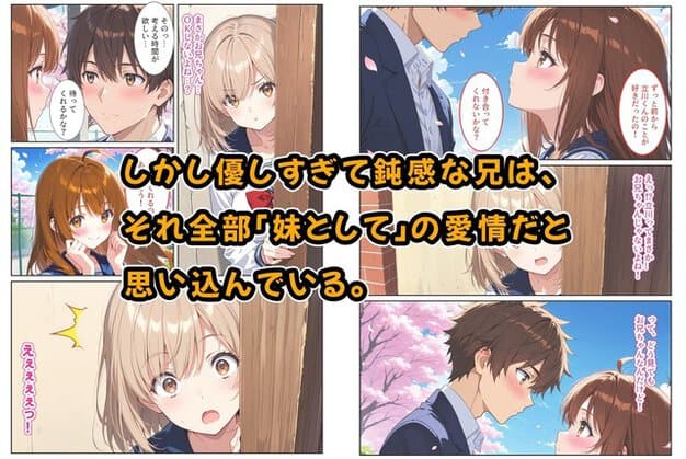 制服姿のミナミが校舎裏で男性と女子を見つめ、頬を赤くして驚いた顔をする