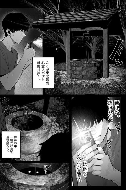 暗い林にある石造りの井戸を男が懐中電灯で照らし、底に浮かぶ二つの光へ視線を向ける