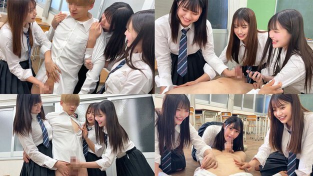 制服姿の女子3人が男子を囲み、股間を触ったり机に寝かせたりしてフェラチオへ誘う場面が並ぶ