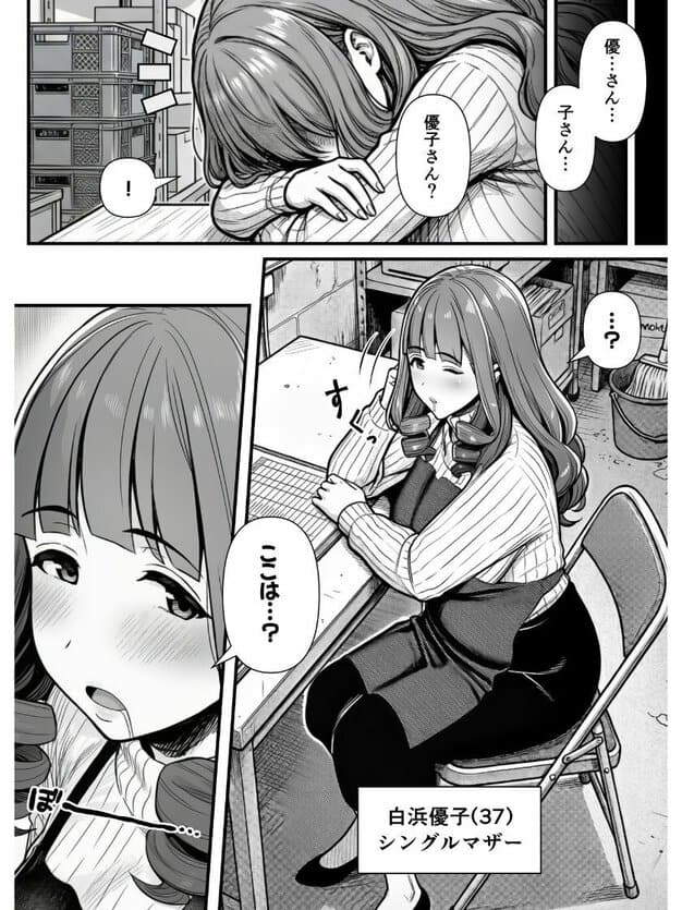優子が机に伏せたあと、椅子に座って片目を細める紹介ページ。
