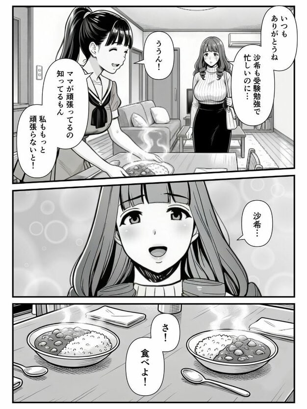 優子が笑って立ち、沙希も明るい顔で返事をするなど、穏やかな表情が続く食卓シーン。