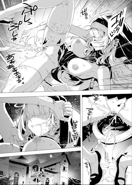 衣装を乱したシスターが脚を開いて床へ横たわり、目を閉じたまま汗と涙を浮かべている