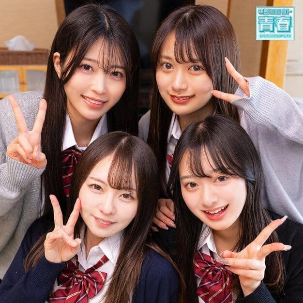 4人の女性が写っており、全員が制服姿でピースサインをしている。後列の2人はグレーのカーディガンを着用し、前列の2人は紺色のカーディガンを着用している。右上に「青春 SPRINGTIME OF LIFE」のロゴが見える。