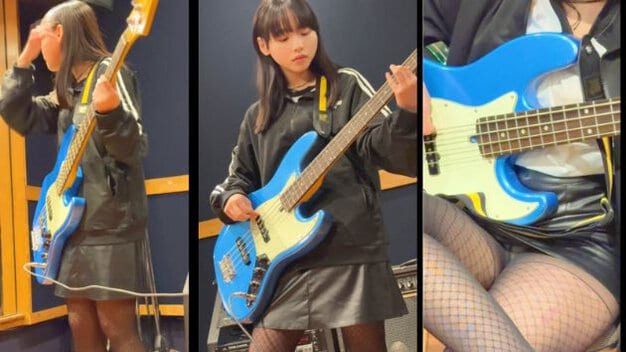三連のパネル。左から女性がベースを持って立っている、ベースを演奏している、網タイツとミニスカートの太もものアップ。
