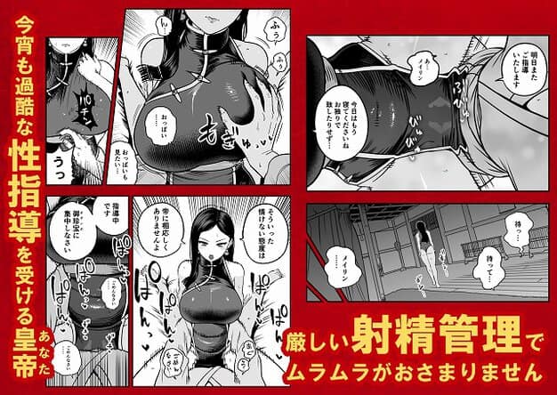 黒髪の女性が後ろ向きになり、男性に胸を掴まれている。チャイナ服を着用し、男性の上にまたがっている。