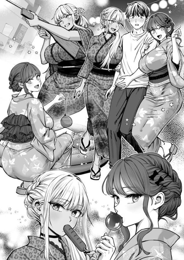 浴衣姿の吉野莉穂と吉野ももかと主人公が夏祭りを楽しんでいる。射的やりんご飴を食べている。吉野ももかはヒョウ柄、吉野莉穂は花柄の浴衣。