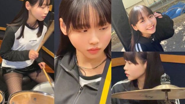 四連のコラージュ。左上にドラムを演奏、右上に顔のアップ、右下に外でギターケースを持って笑顔、左下にシンバルを演奏。