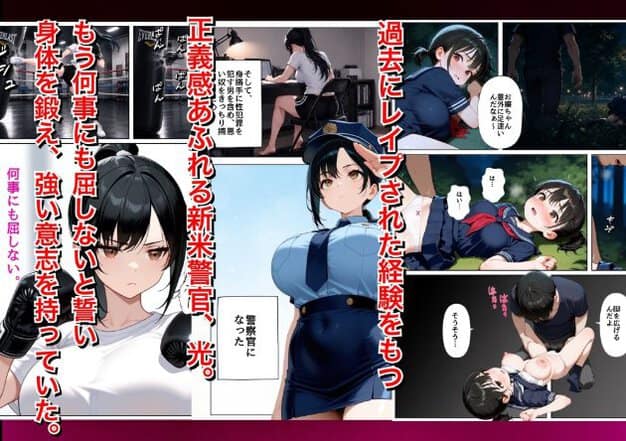 ボクシングで体を鍛える黒髪女性と、制服姿で敬礼する新卒警察官を並べた人物紹介。