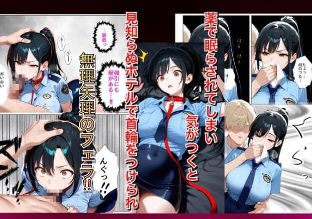 首輪と口枷を着けられた黒髪女性警察官が、男性器へ口を接触させて口腔性交している。